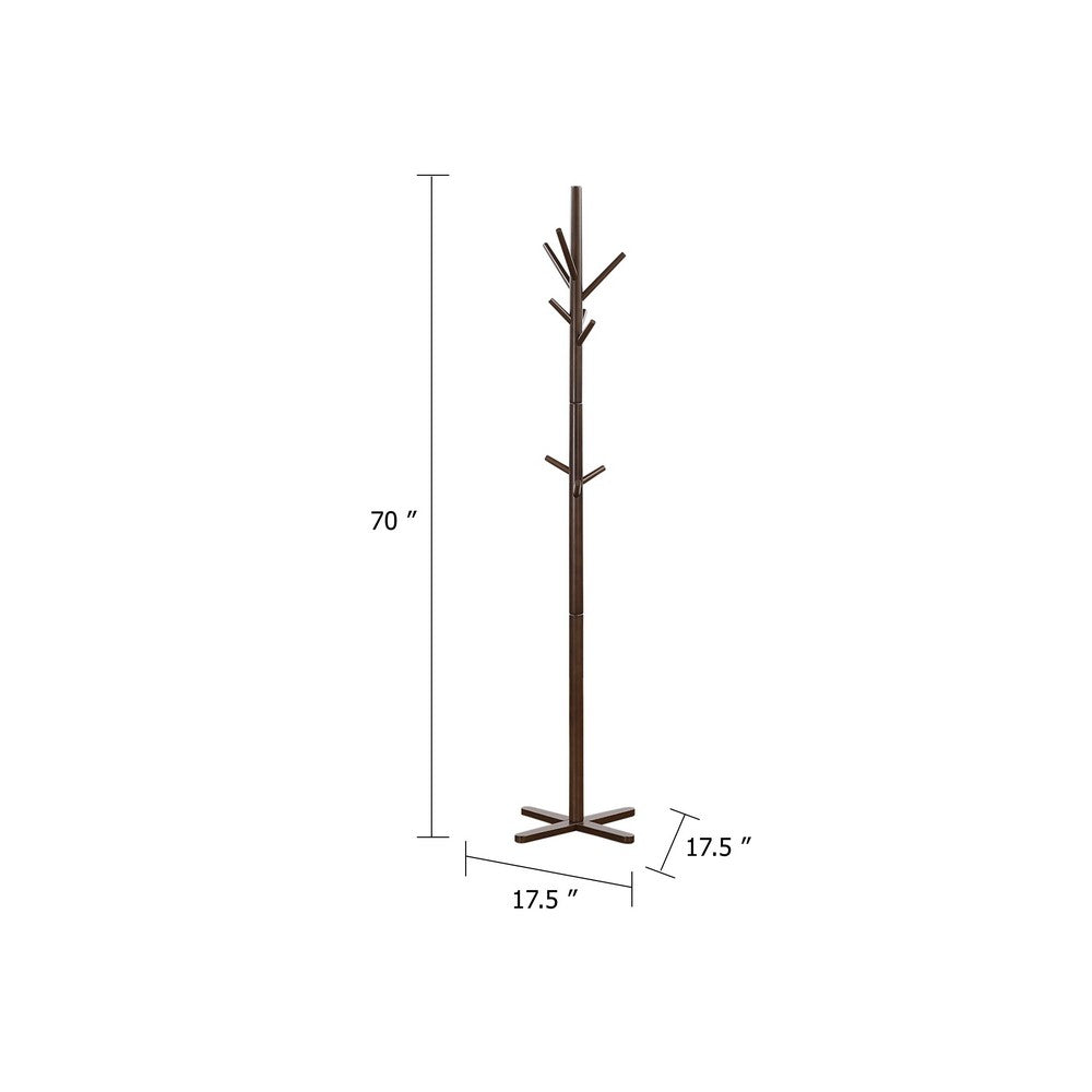 Jema 3 Tier Coat Rack, 9 Hanging Hooks, 70 Inch Dark Brown Solid Wood - BM346702