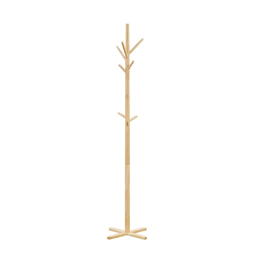 Jema 3 Tier Coat Rack, 9 Hanging Hooks, 70 Inch Natural Brown Solid Wood - BM346703