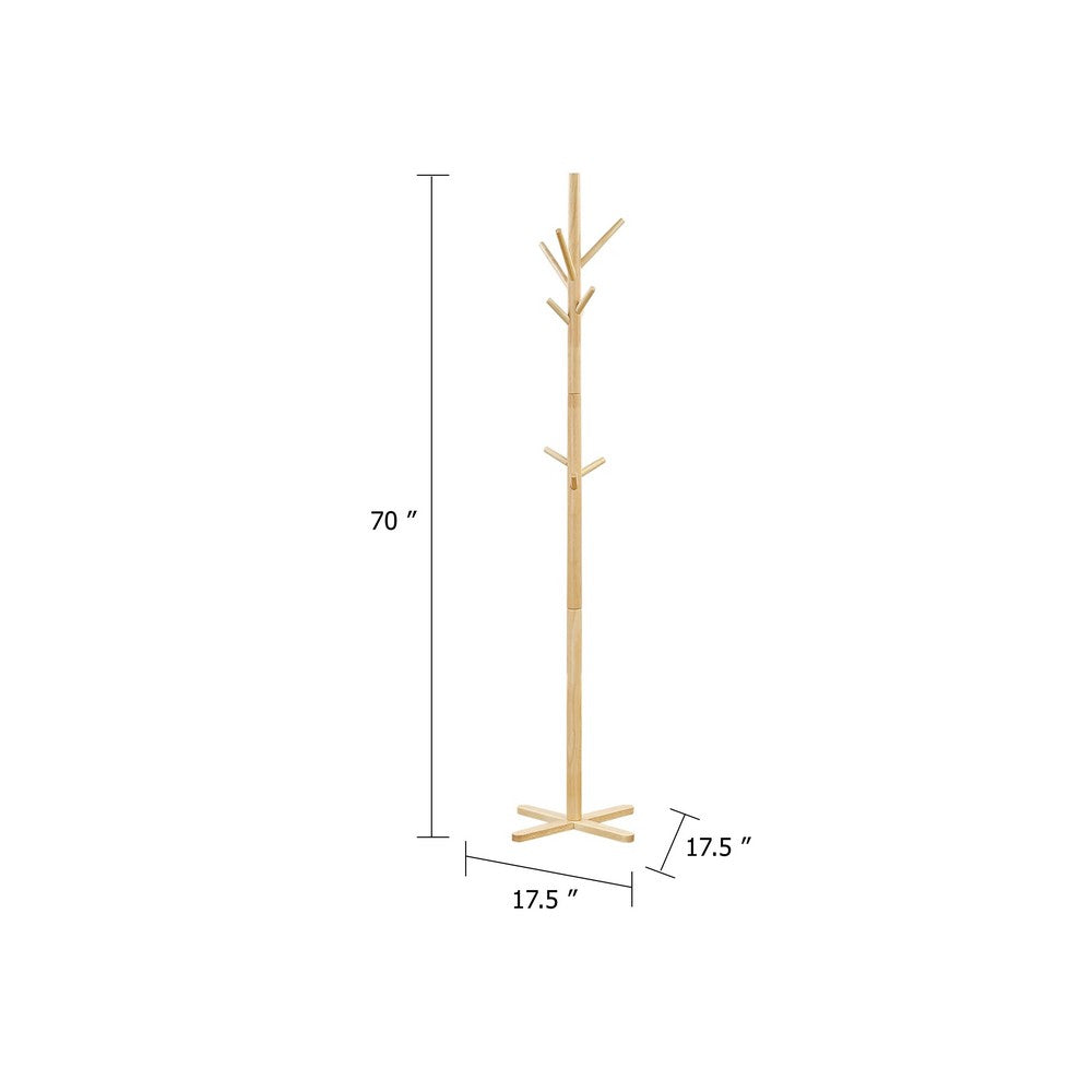 Jema 3 Tier Coat Rack, 9 Hanging Hooks, 70 Inch Natural Brown Solid Wood - BM346703