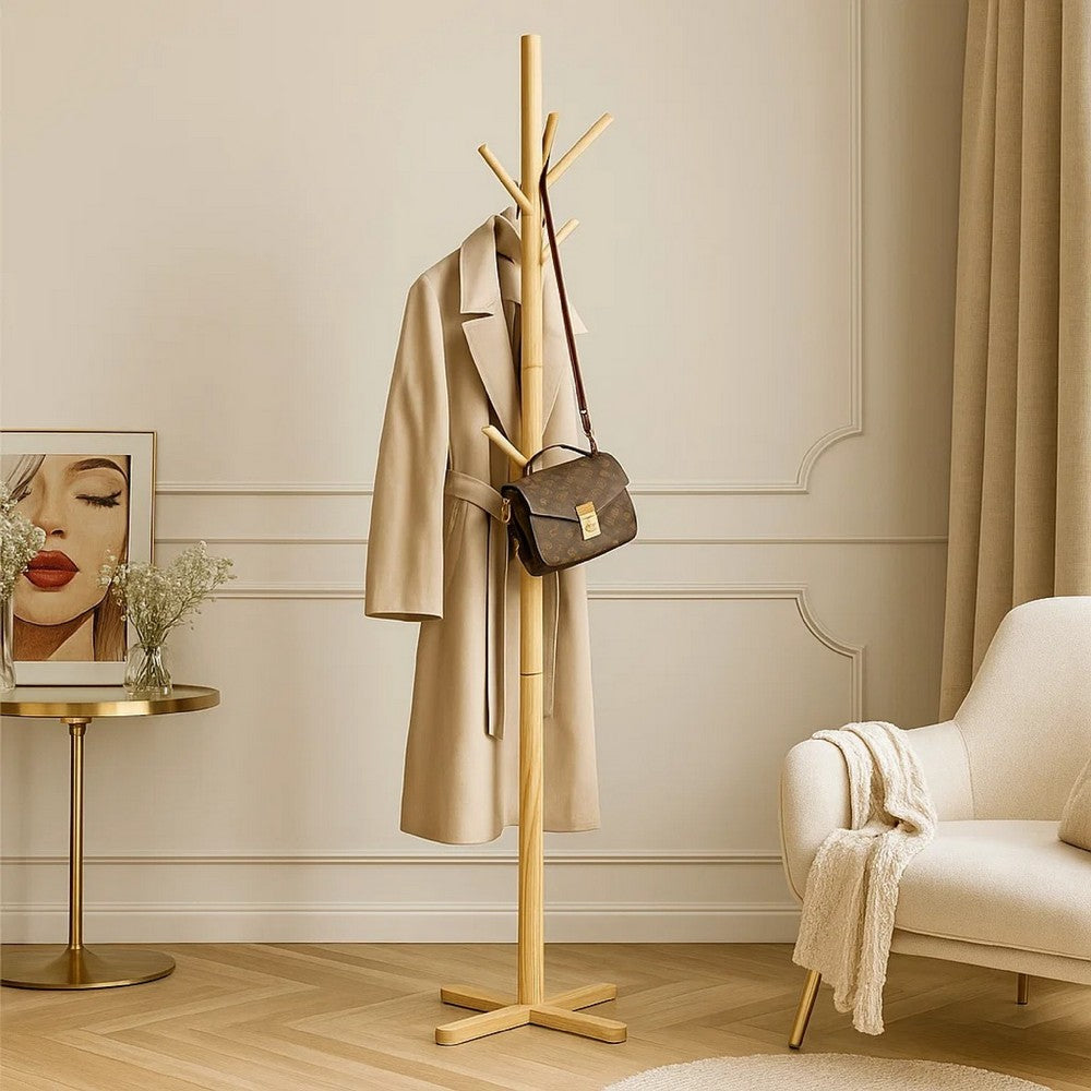 Jema 3 Tier Coat Rack, 9 Hanging Hooks, 70 Inch Natural Brown Solid Wood - BM346703