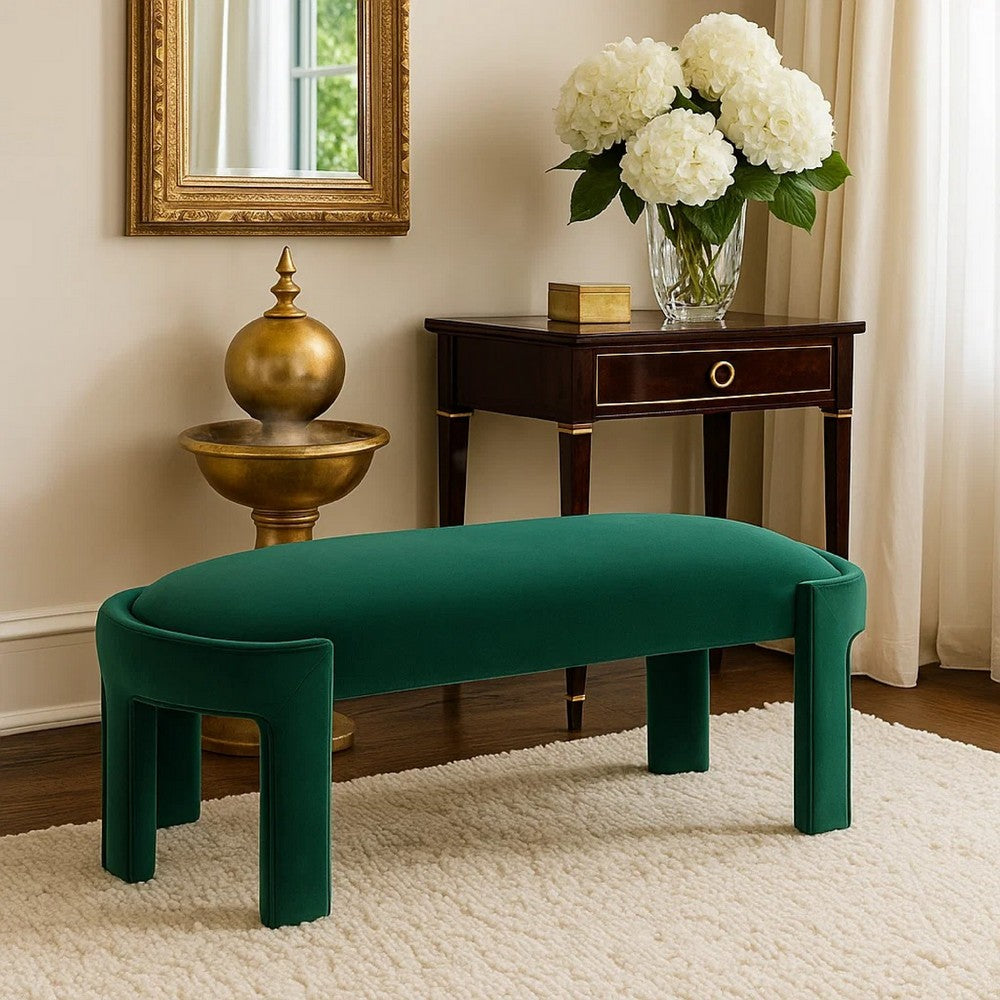 Fery Modern Bench with Curved Edges, Green Velvet Upholstery, 54 Inch - BM346704