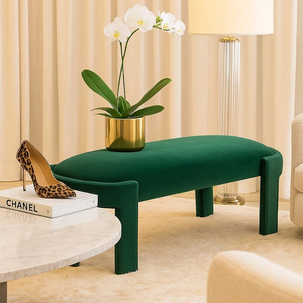 Fery Modern Bench with Curved Edges, Green Velvet Upholstery, 54 Inch - BM346704
