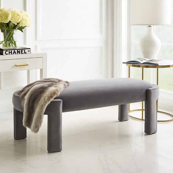 Fery Modern Bench with Curved Edges, Gray Velvet Upholstery, 54 Inch - BM346705