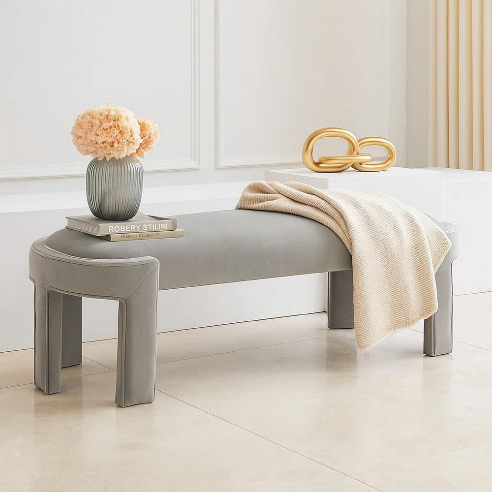Fery Modern Bench with Curved Edges, Taupe Velvet Upholstery, 54 Inch - BM346706
