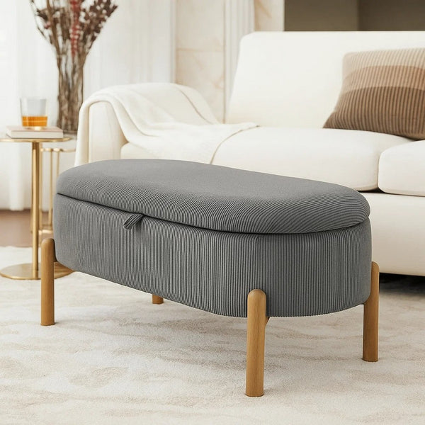 Fian Storage Bench w Lift Top, Natural Brown Legs, Gray Corduroy 42 Inch - BM346708