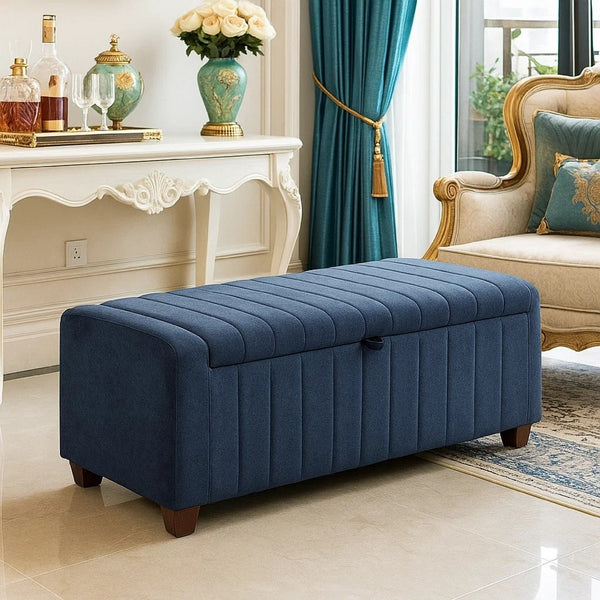 Doa Storage Bench, Channel Tufted, Blue Boucle Upholstery 50 Inch  - BM346709