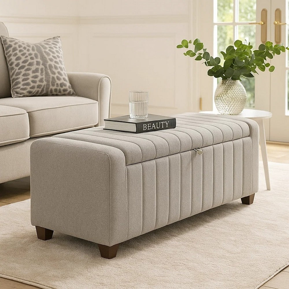 Doa Storage Bench, Channel Tufted, Gray Boucle Upholstery 50 Inch  - BM346710