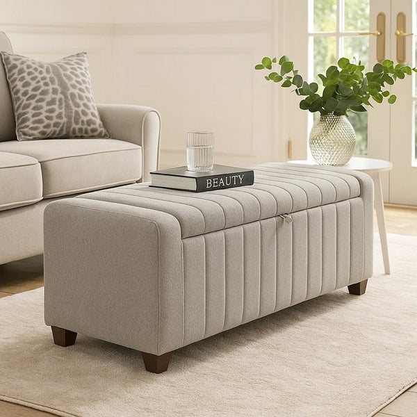 Doa Storage Bench, Channel Tufted, Gray Boucle Upholstery 50 Inch  - BM346710