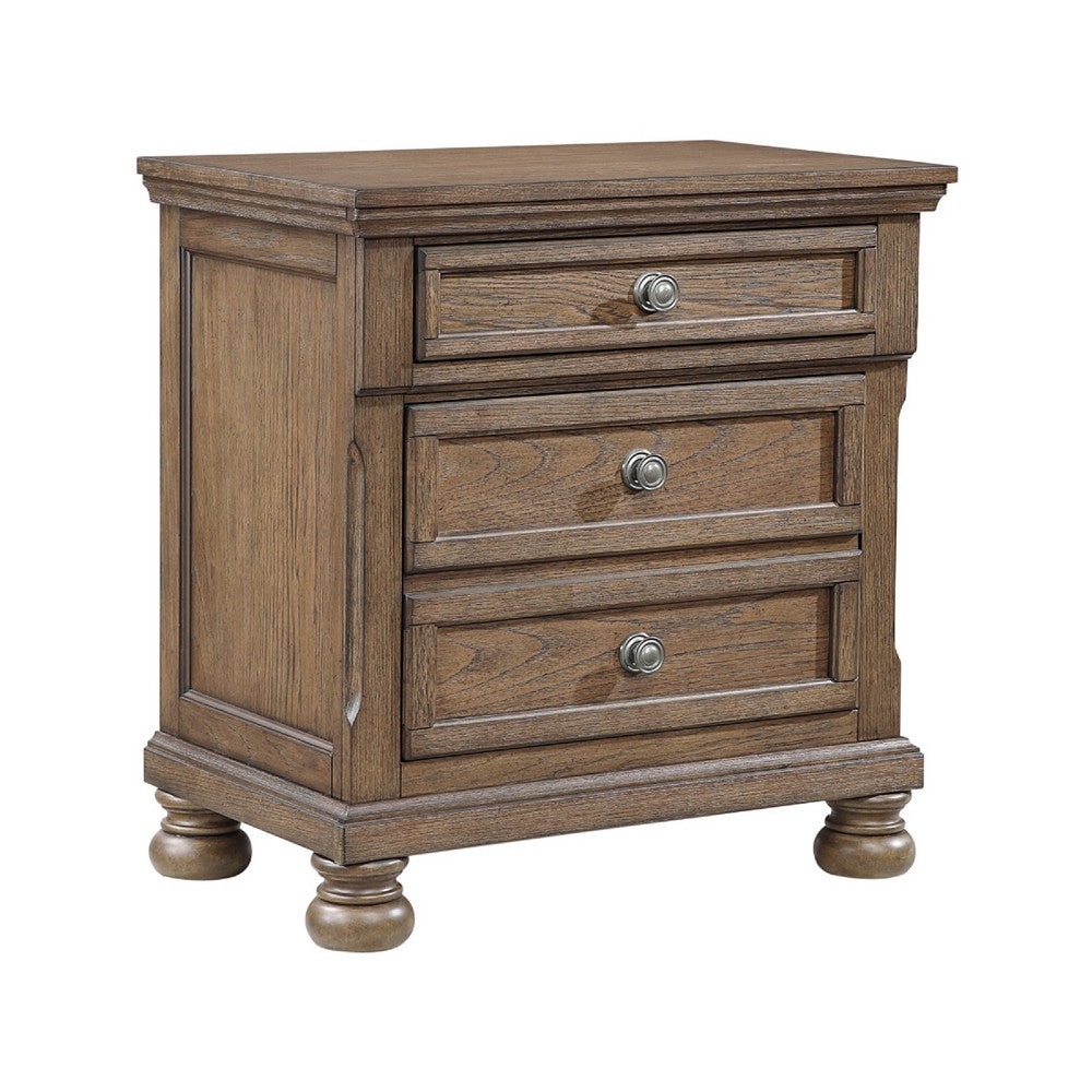 Bely Nightstand, 3 Drawers, Bun Feet, Antique Brown Sculpted Frame - BM346715