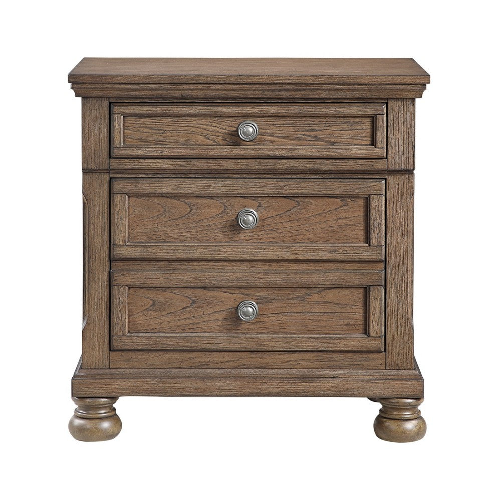 Bely Nightstand, 3 Drawers, Bun Feet, Antique Brown Sculpted Frame - BM346715