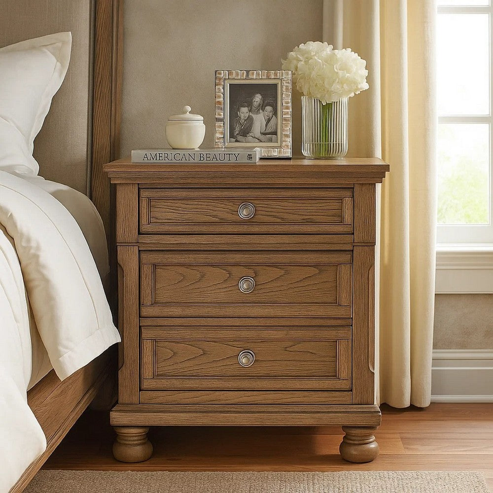 Bely Nightstand, 3 Drawers, Bun Feet, Antique Brown Sculpted Frame - BM346715