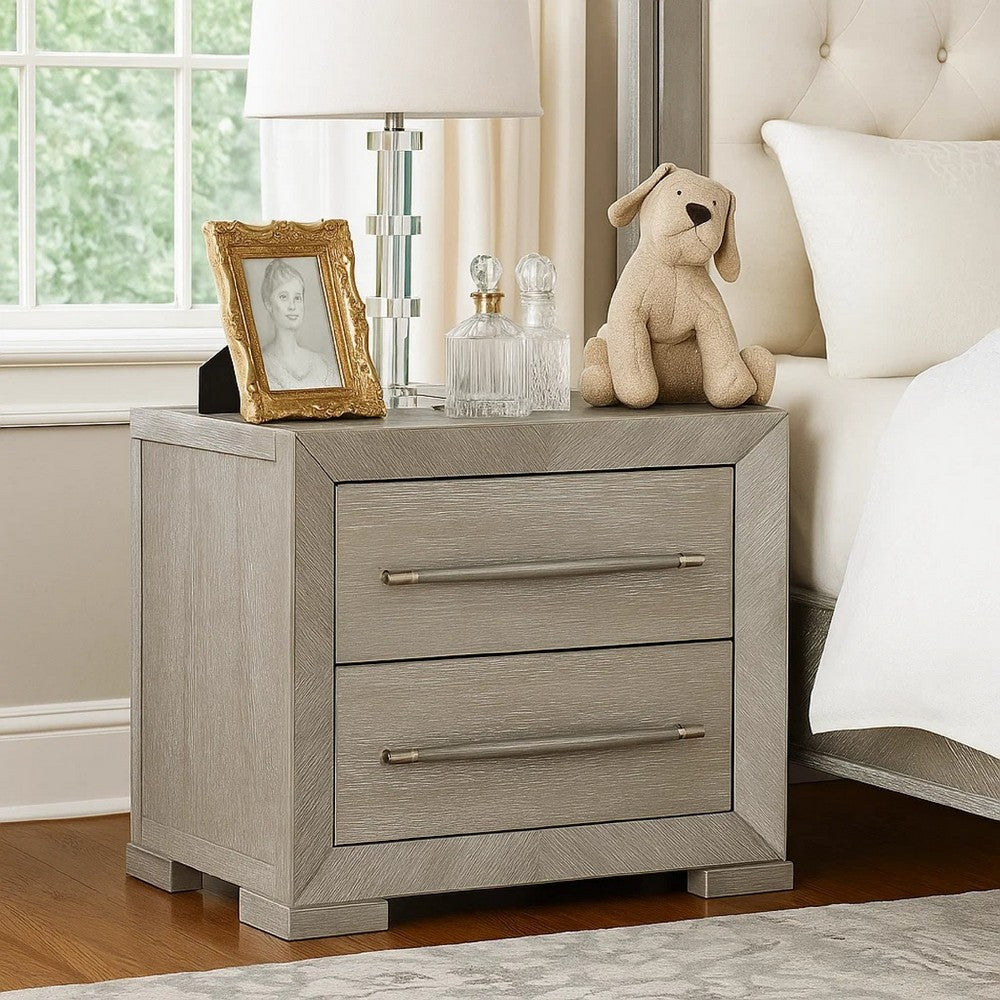 Ova Nightstand, 2 Drawer w Framed Front & Wood Accent Handles, Gray - BM346720