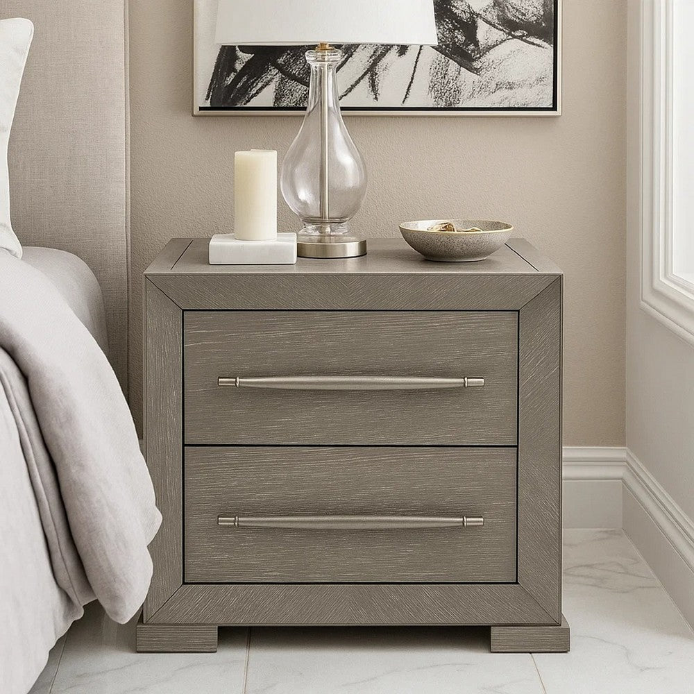 Ova Nightstand, 2 Drawer w Framed Front & Wood Accent Handles, Gray - BM346720