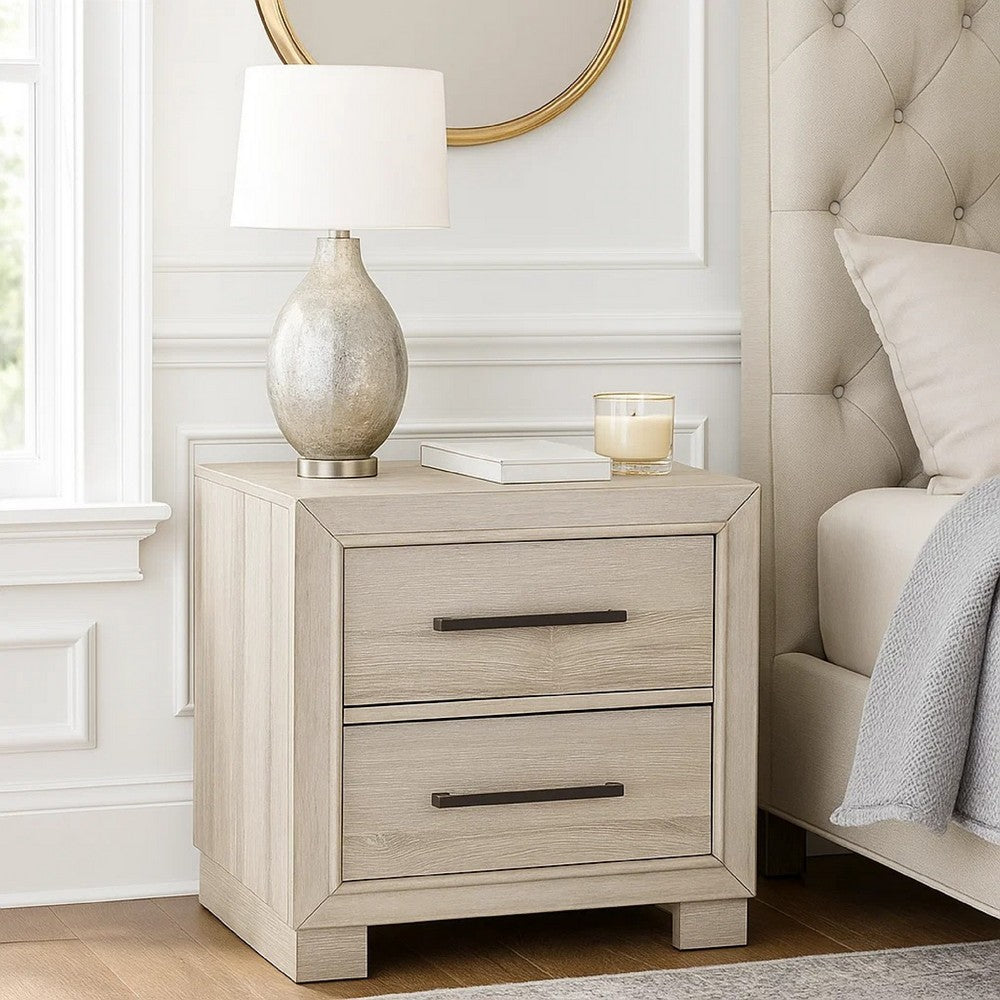 Ely Nightstand, 2 Drawers with Antique Brass Long Handles, Gray - BM346726