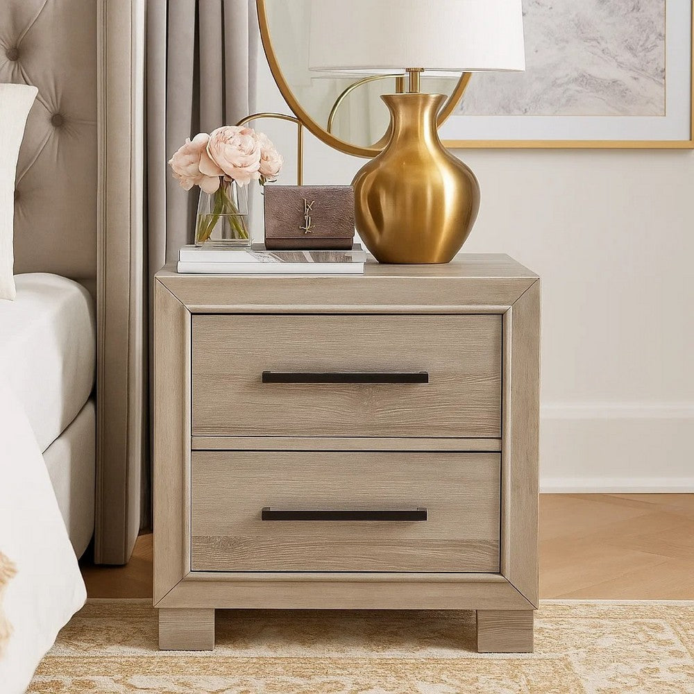Ely Nightstand, 2 Drawers with Antique Brass Long Handles, Gray - BM346726