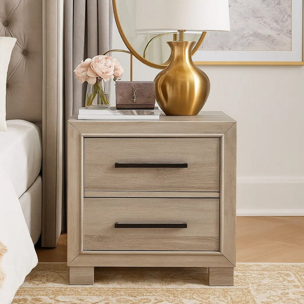 Ely Nightstand, 2 Drawers with Antique Brass Long Handles, Gray - BM346726