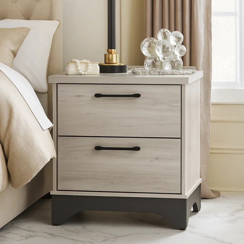 Wly Nightstand, 2 Drawers with Wide Black Handles, White Oak & Gray - BM346727