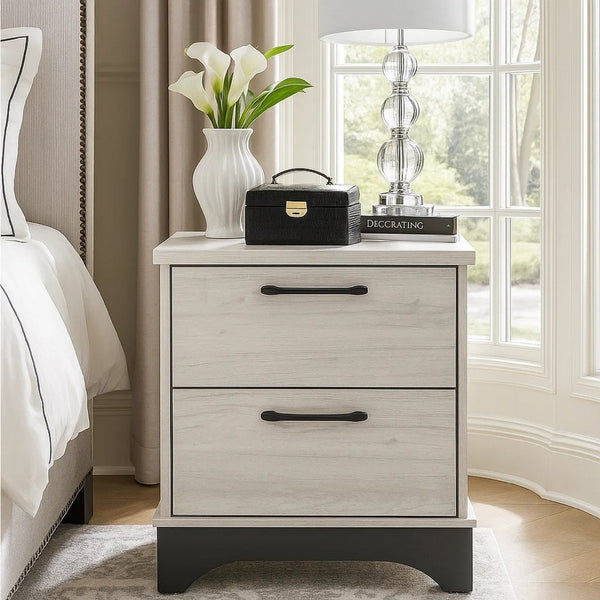 Wly Nightstand, 2 Drawers with Wide Black Handles, White Oak & Gray - BM346727