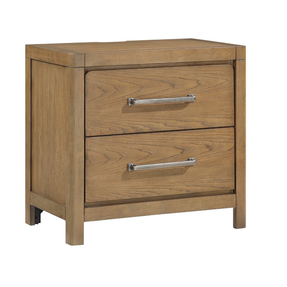 Cery Nightstand, 2 Drawer with Pewter Bar Handles & USB C Port, Brown - BM346733