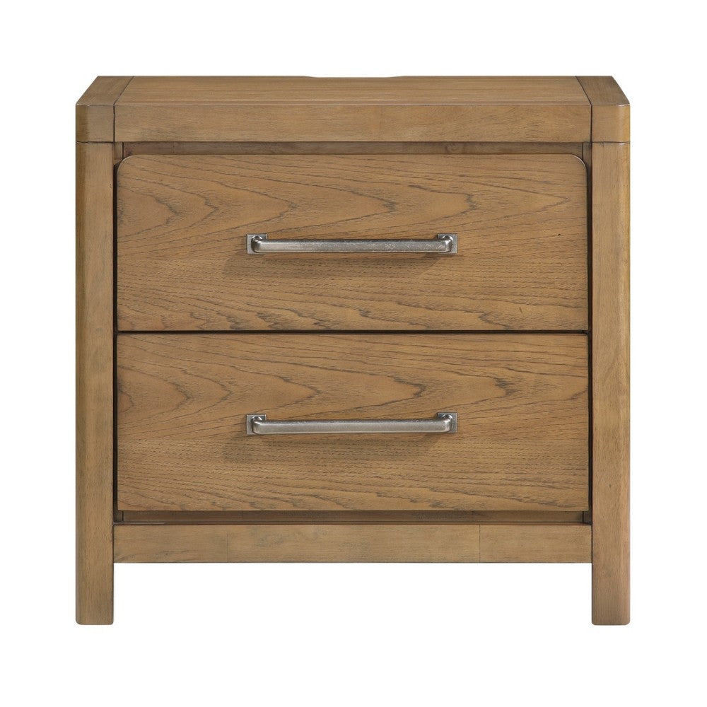 Cery Nightstand, 2 Drawer with Pewter Bar Handles & USB C Port, Brown - BM346733