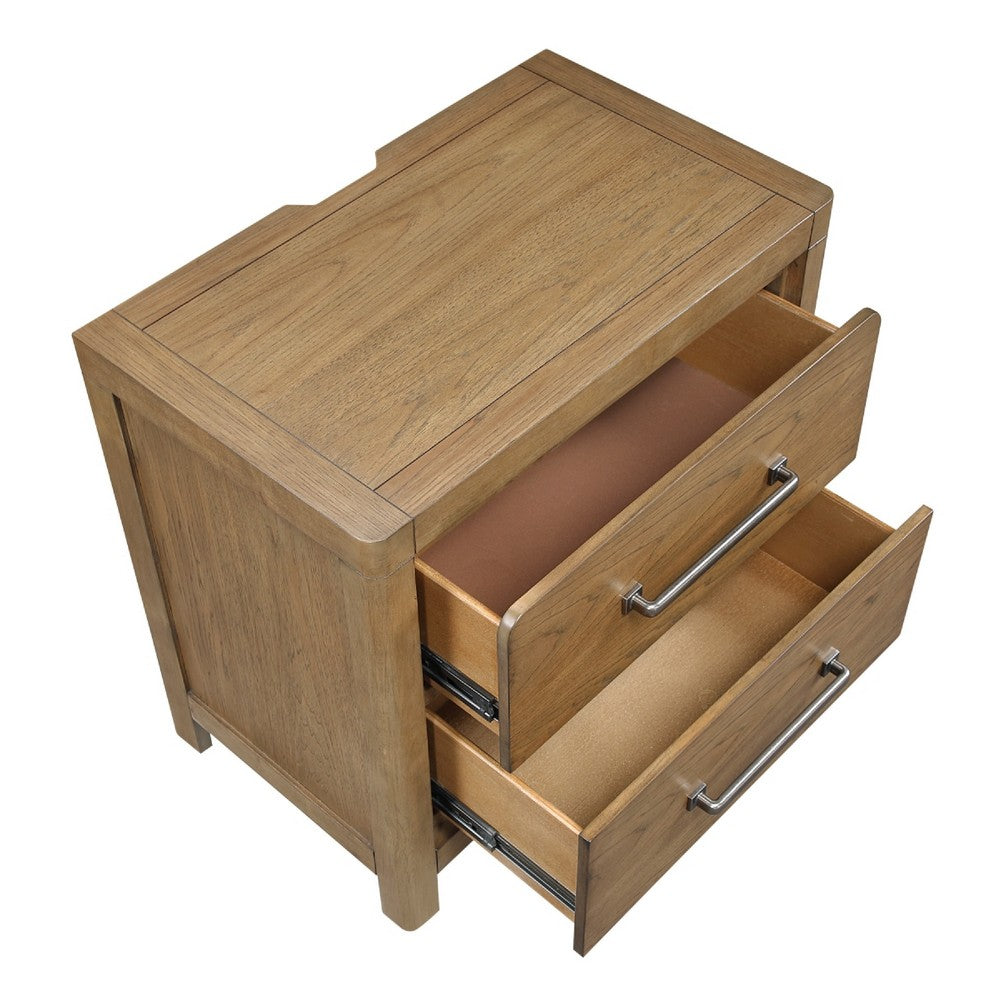 Cery Nightstand, 2 Drawer with Pewter Bar Handles & USB C Port, Brown - BM346733