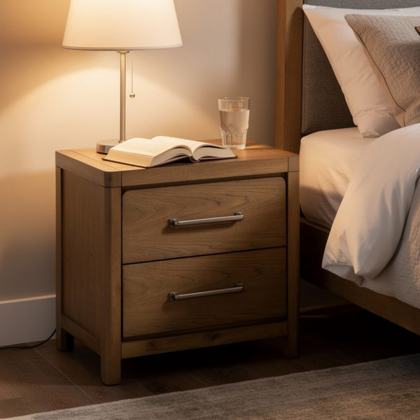 Cery Nightstand, 2 Drawer with Pewter Bar Handles & USB C Port, Brown - BM346733