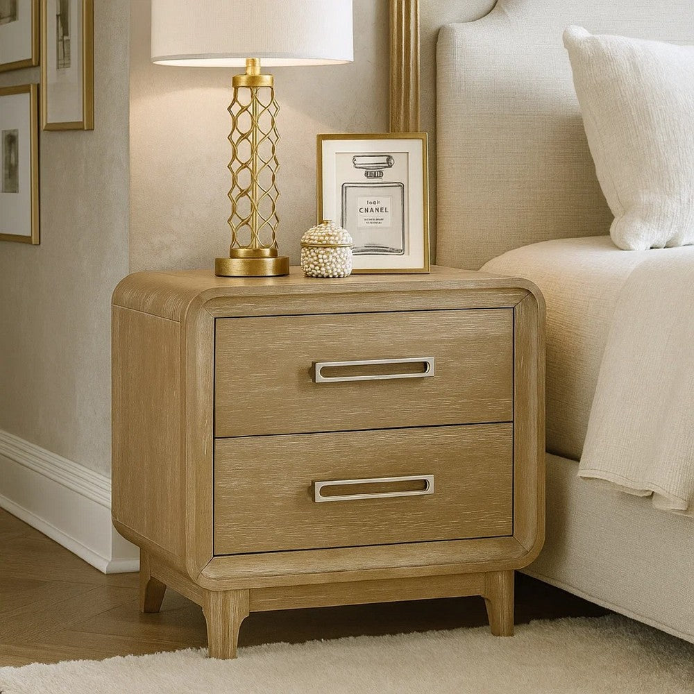 Wily Retro Nightstand, 2 Drawers with Nickel Bar Handles, Natural Brown - BM346735