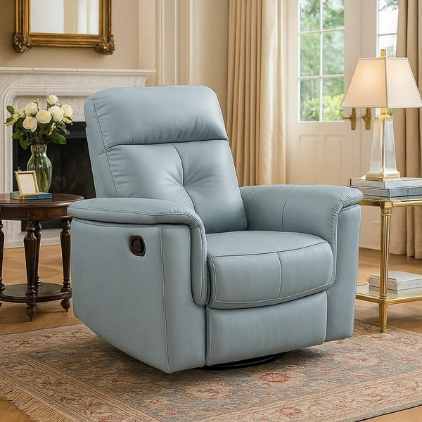 Rem Swivel Glider Manual Reclining Chair, Light Blue Top Grain Leather - BM346755