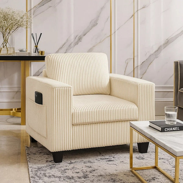 Wely Storage Chair w USB Charging Ports, Beige Corduroy Seat and Back - BM346762