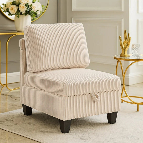 Wely Armless Chair w Hidden Storage, Beige Corduroy Seat and Back - BM346763