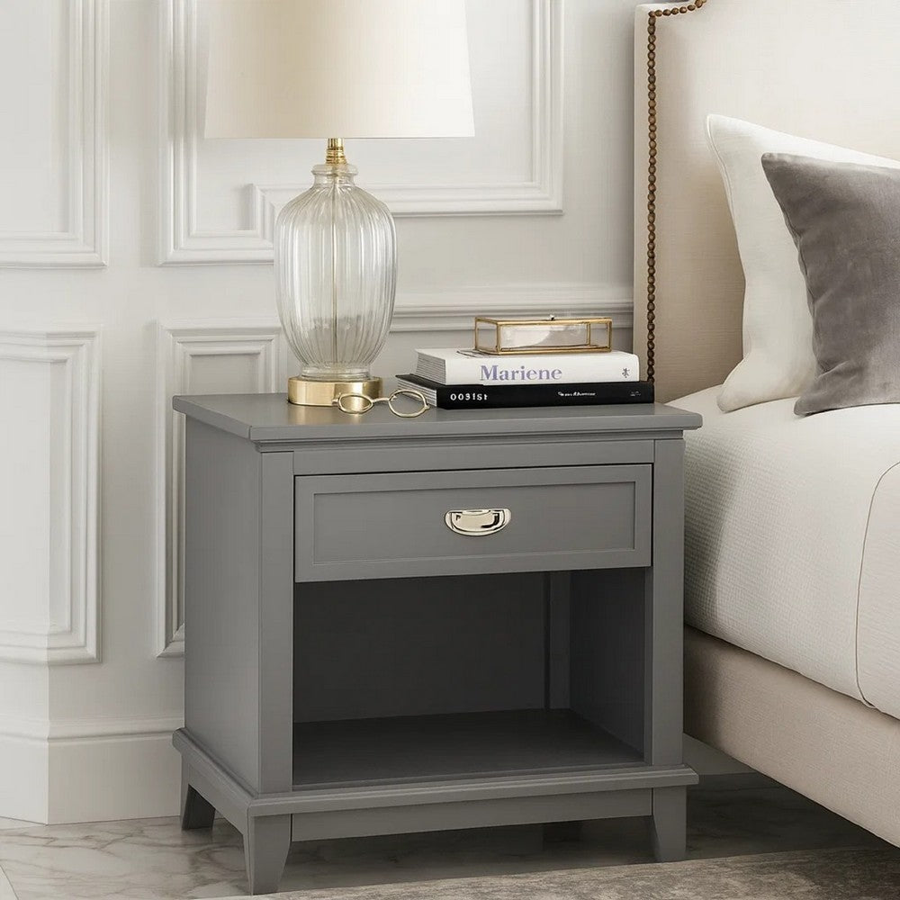 Sely Nightstand, Open Cubby and Drawer, Nickel Handle, Gray, 26 Inch - BM346774