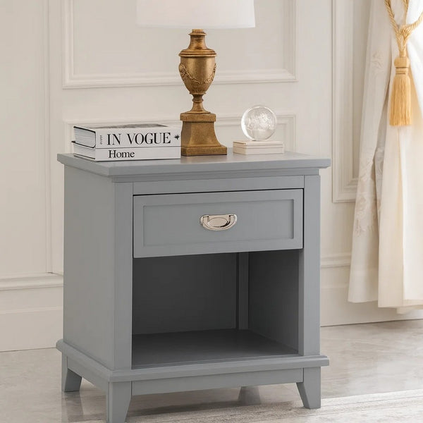 Sely Nightstand, Open Cubby and Drawer, Nickel Handle, Gray, 26 Inch - BM346774