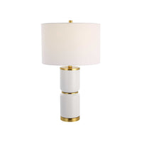 Table Lamp, Linen Drum Shade, Gold Accent White Ceramic Base, 26 Inch - BM346779