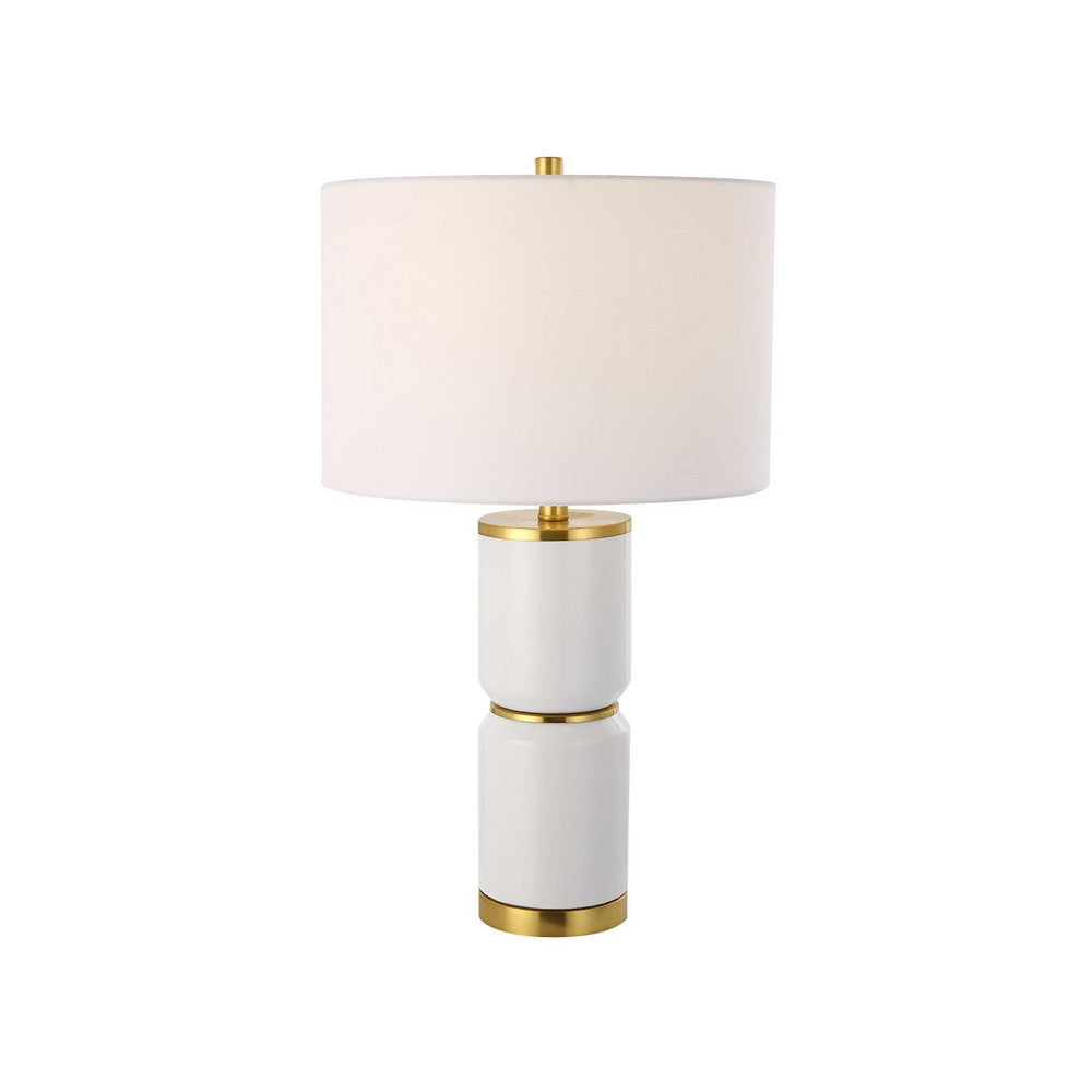 Table Lamp, Linen Drum Shade, Gold Accent White Ceramic Base, 26 Inch - BM346779