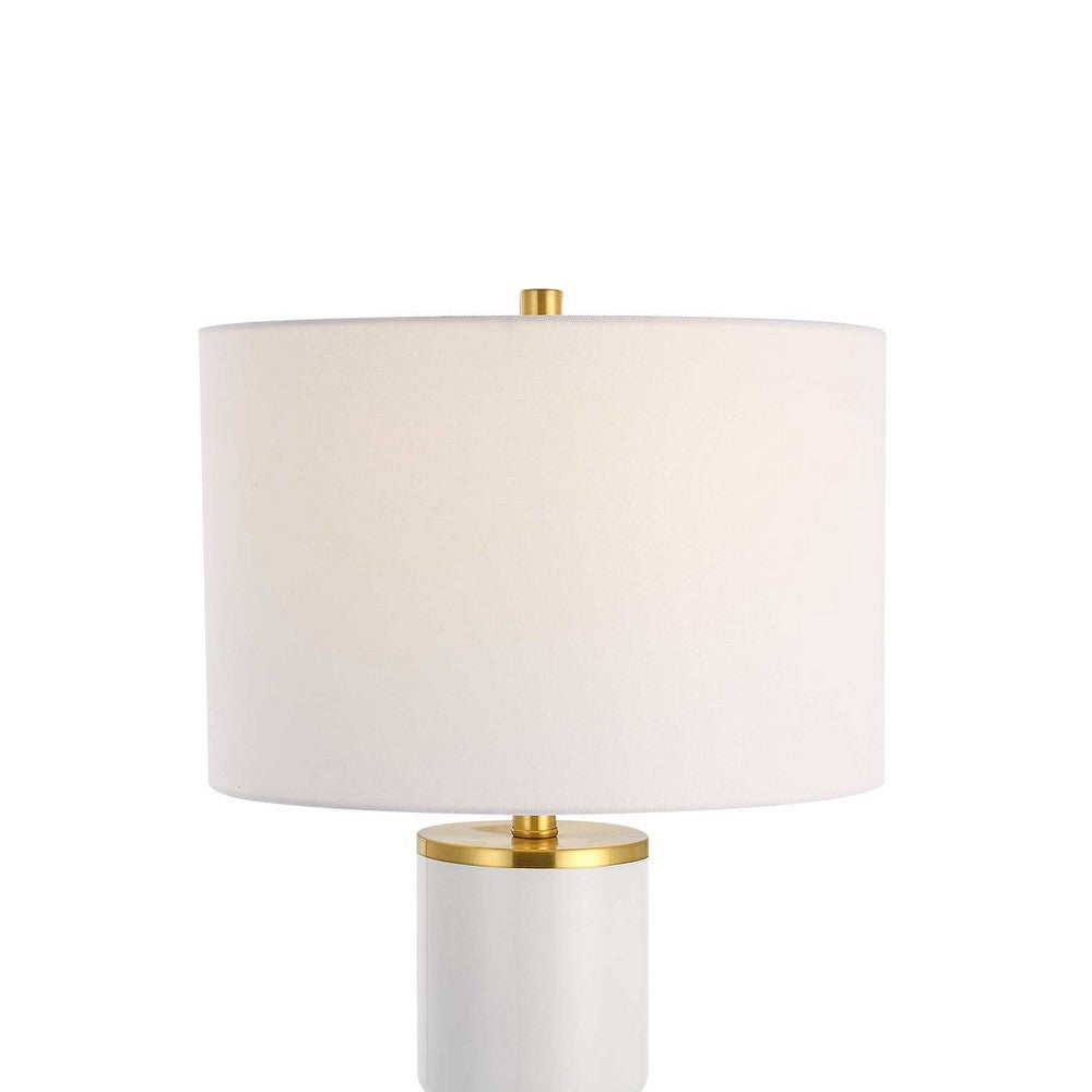 Table Lamp, Linen Drum Shade, Gold Accent White Ceramic Base, 26 Inch - BM346779