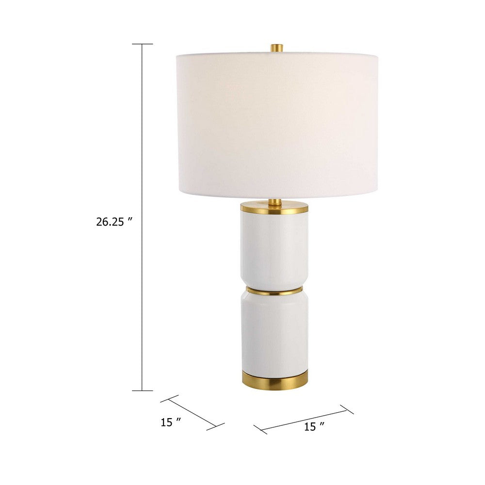 Table Lamp, Linen Drum Shade, Gold Accent White Ceramic Base, 26 Inch - BM346779