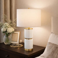 Table Lamp, Linen Drum Shade, Gold Accent White Ceramic Base, 26 Inch - BM346779