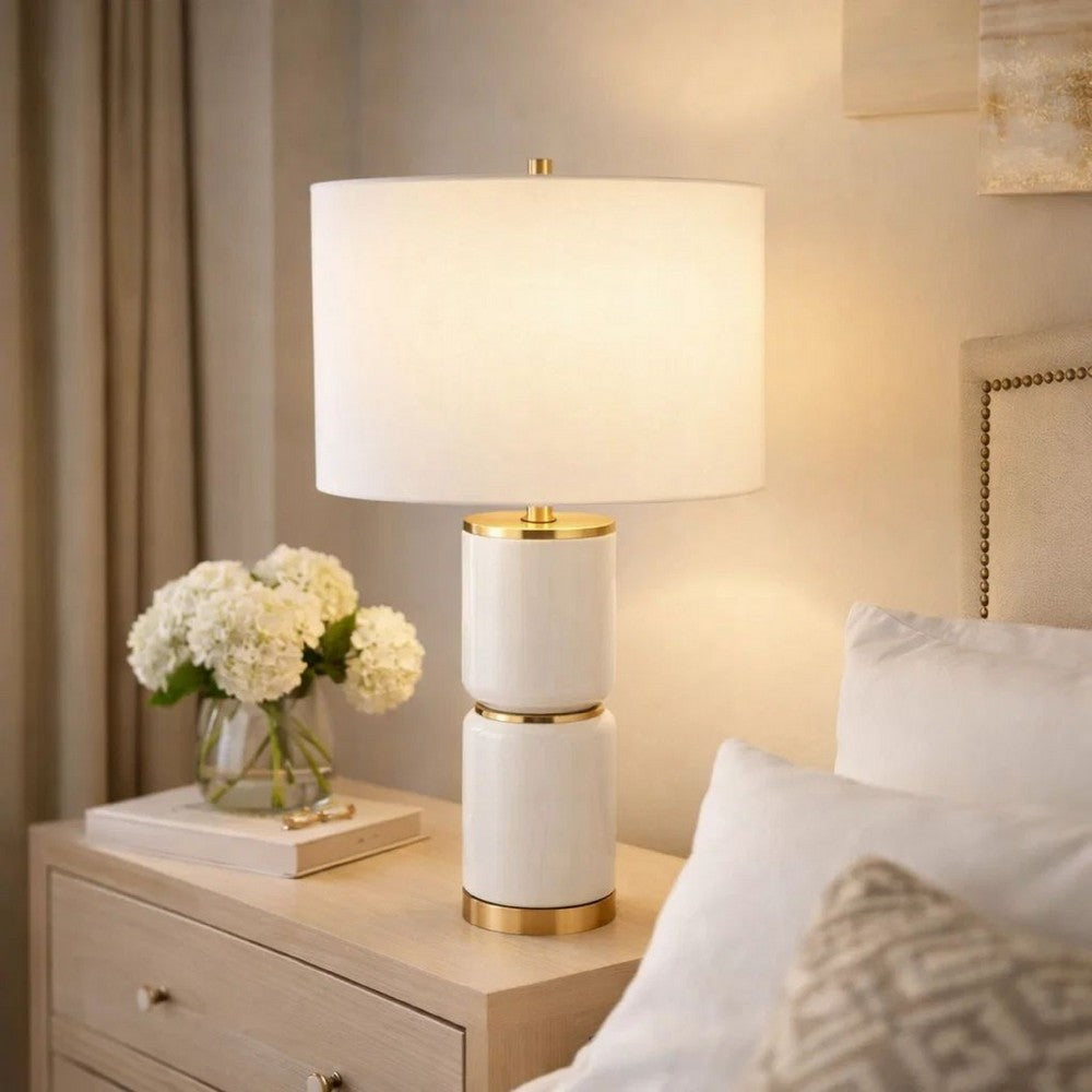 Table Lamp, Linen Drum Shade, Gold Accent White Ceramic Base, 26 Inch - BM346779