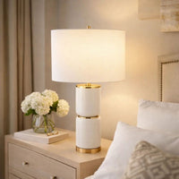 Table Lamp, Linen Drum Shade, Gold Accent White Ceramic Base, 26 Inch - BM346779