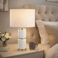 Table Lamp, Linen Drum Shade, Gold Accent White Ceramic Base, 26 Inch - BM346779