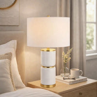 Table Lamp, Linen Drum Shade, Gold Accent White Ceramic Base, 26 Inch - BM346779