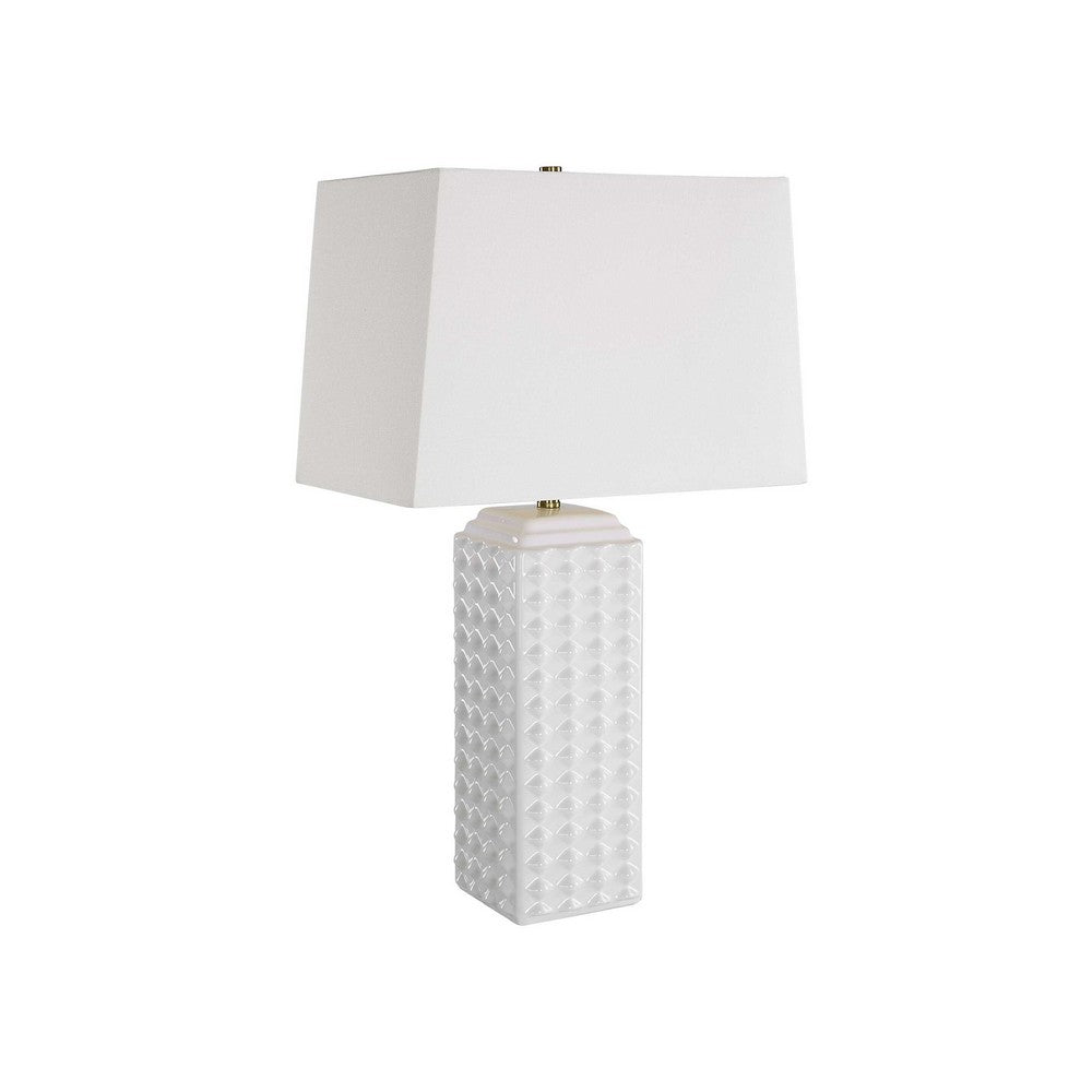 Table Lamp, Linen Shade, 3D Diamond Knob Gloss White Ceramic, 25 Inch - BM346780