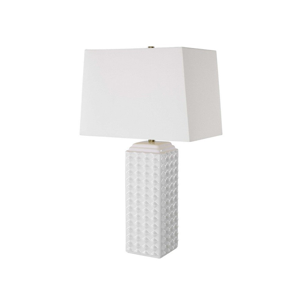 Table Lamp, Linen Shade, 3D Diamond Knob Gloss White Ceramic, 25 Inch - BM346780