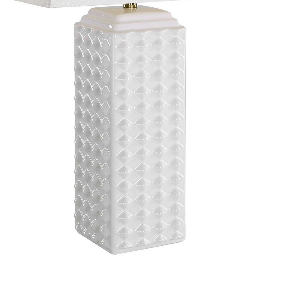 Table Lamp, Linen Shade, 3D Diamond Knob Gloss White Ceramic, 25 Inch - BM346780