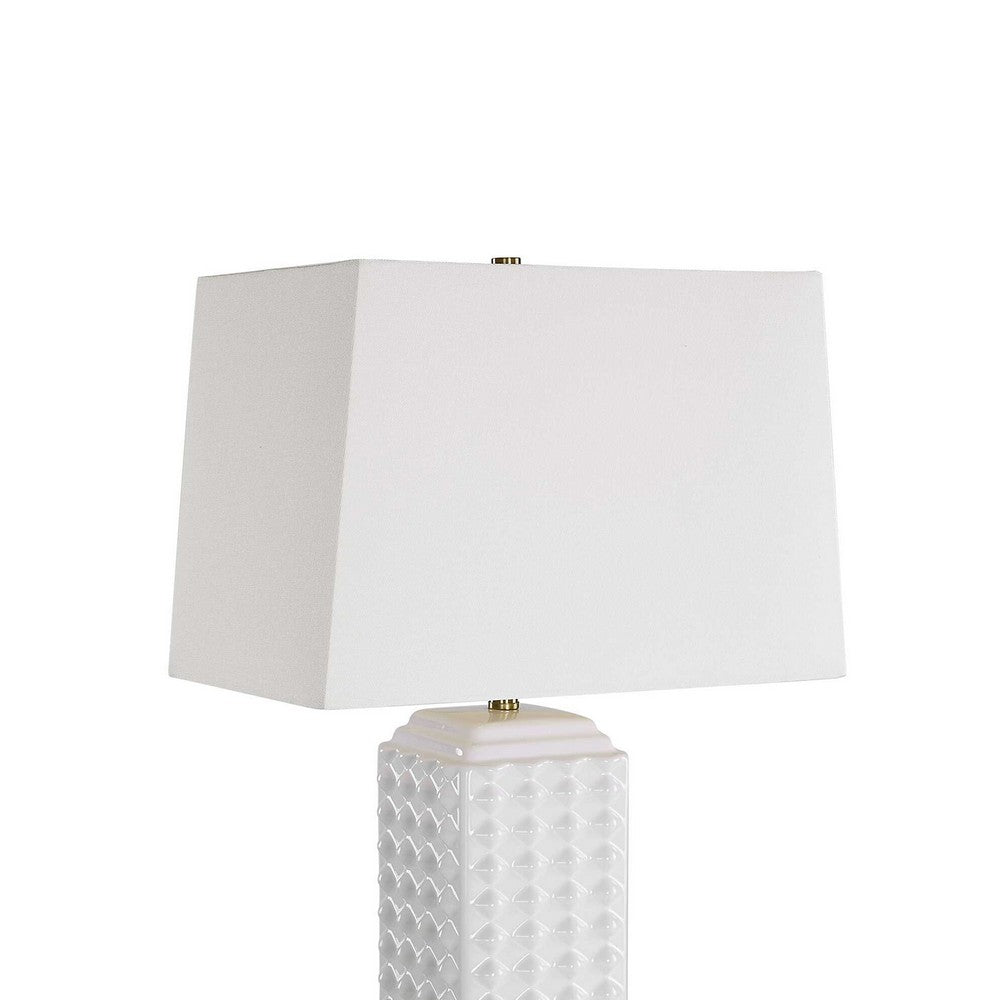 Table Lamp, Linen Shade, 3D Diamond Knob Gloss White Ceramic, 25 Inch - BM346780