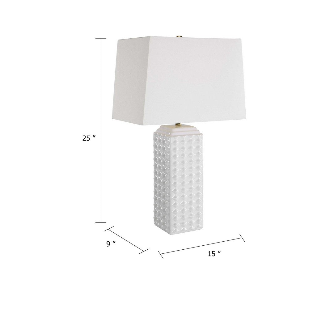 Table Lamp, Linen Shade, 3D Diamond Knob Gloss White Ceramic, 25 Inch - BM346780