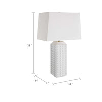Table Lamp, Linen Shade, 3D Diamond Knob Gloss White Ceramic, 25 Inch - BM346780