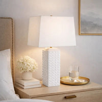 Table Lamp, Linen Shade, 3D Diamond Knob Gloss White Ceramic, 25 Inch - BM346780
