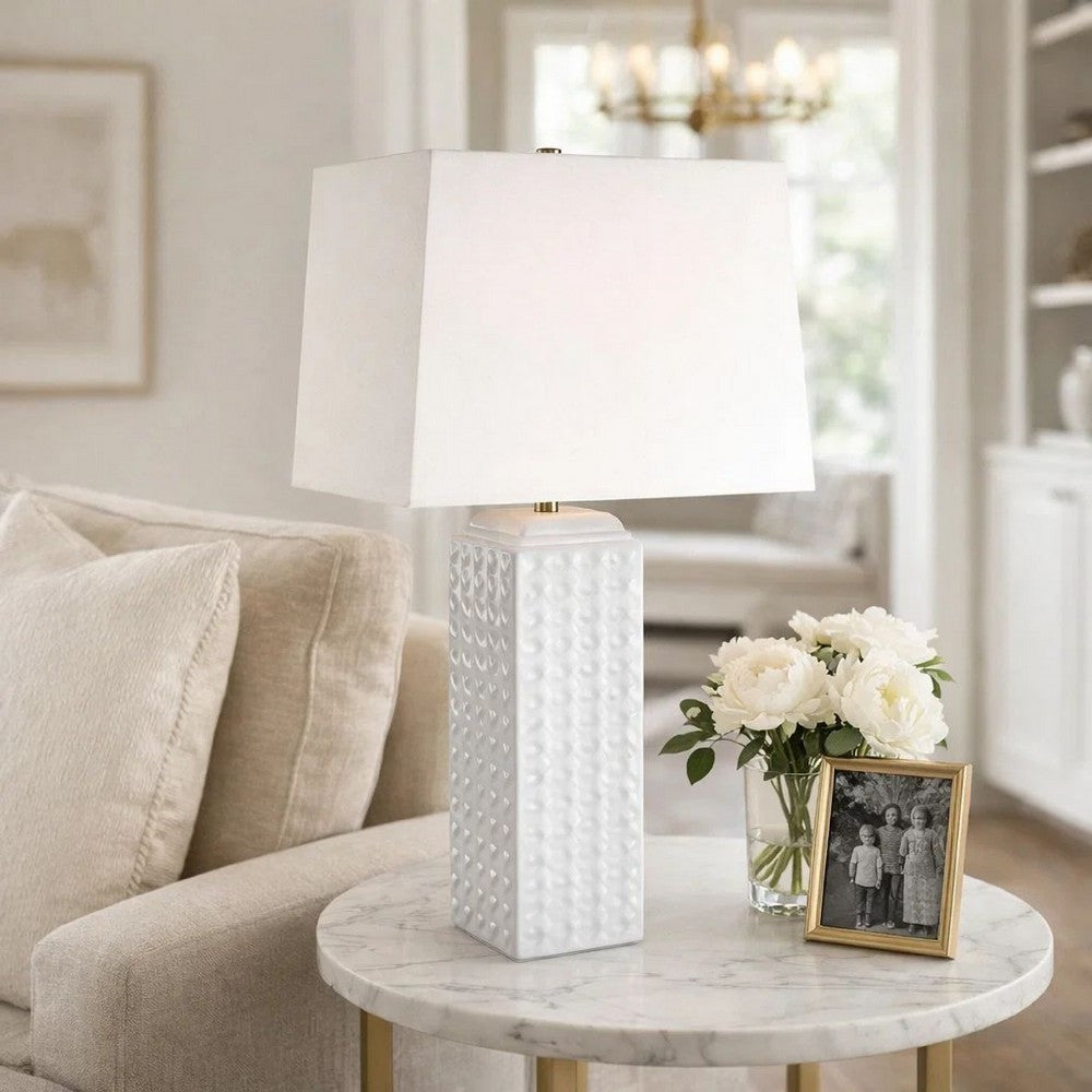 Table Lamp, Linen Shade, 3D Diamond Knob Gloss White Ceramic, 25 Inch - BM346780