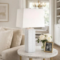 Table Lamp, Linen Shade, 3D Diamond Knob Gloss White Ceramic, 25 Inch - BM346780